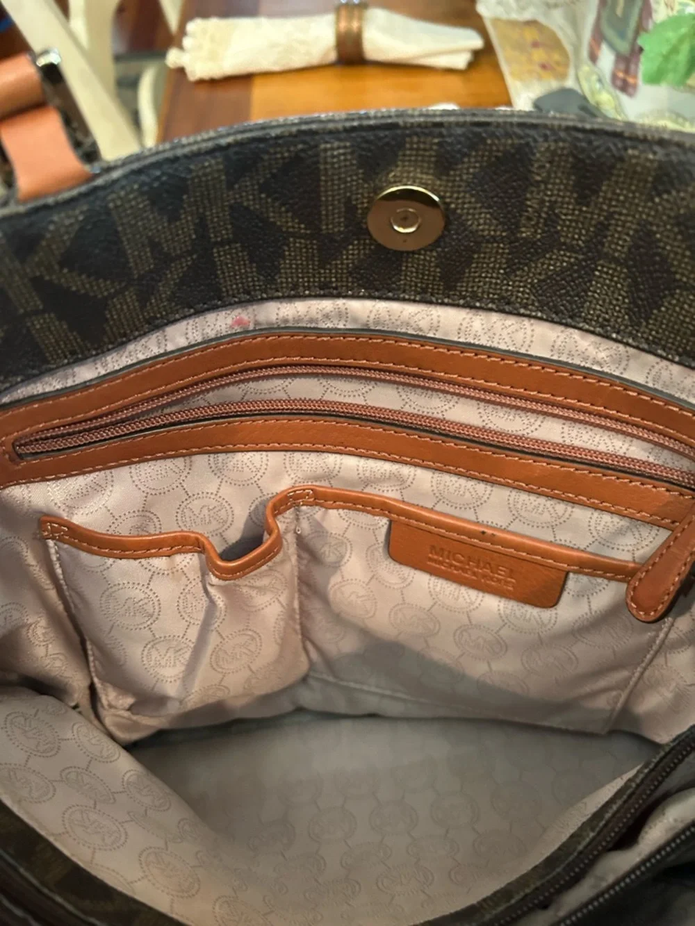 Michael Kori  Hamilton Cream MK Logo Shoulder Bag with Brown Leather Trim - Picture 2 of 4